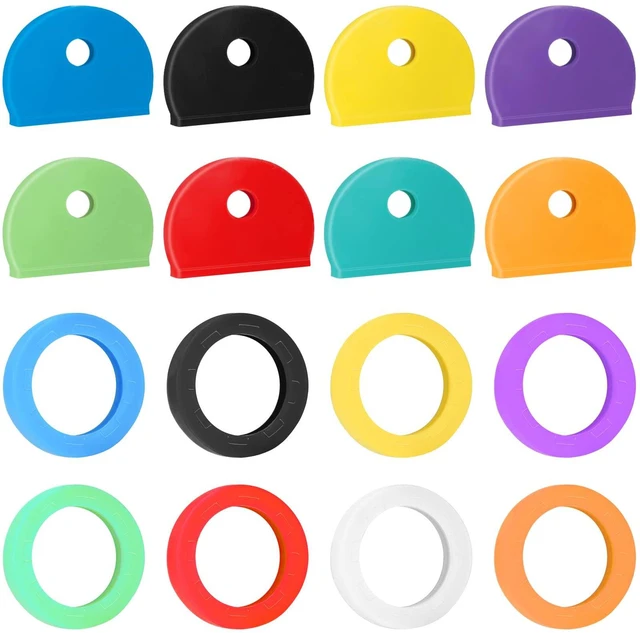 Main image of Vibit 16 Pack Colorful Plastic Key Cap Tags and Identifier Covers, 2 Styles | Two cap styles in 8 colors help identify similar keys; soft, flexible covers slide on easily for standard flat house keys