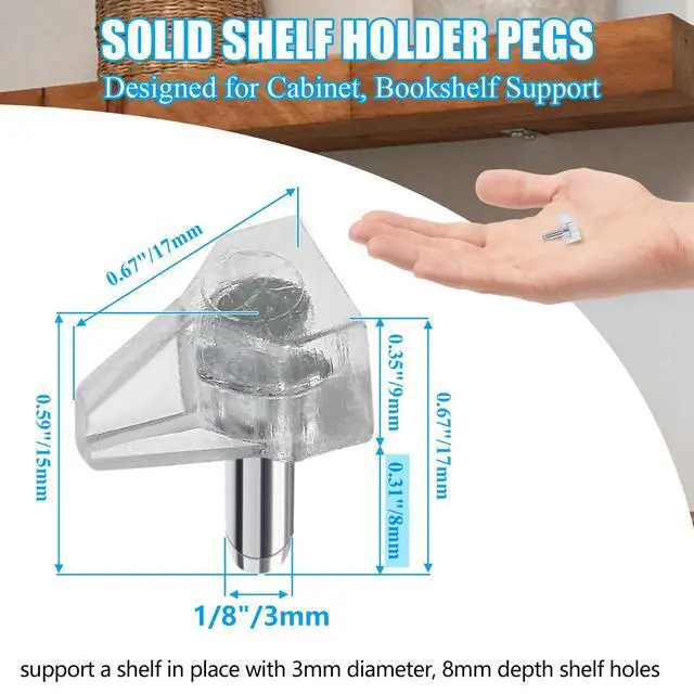 Alt view image 2 of 7 - Shelf Support Peg, Clear, 3mm / 1/8 Inch, 30pcs | Plastic Cabinet Shelf Pins, For Closet, Kitchen, Furniture, Shelves Holder Pegs