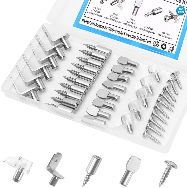 Main image of RKBEZOS 80 Pcs Shelf Pegs Pins Kit, 4 Styles Heavy Duty 5mm 1/4 Inch Shelf Support Pegs Holders, Nickel Plated Cabinet Shelf Clips for Kitchen Wood Shelves Bookcase