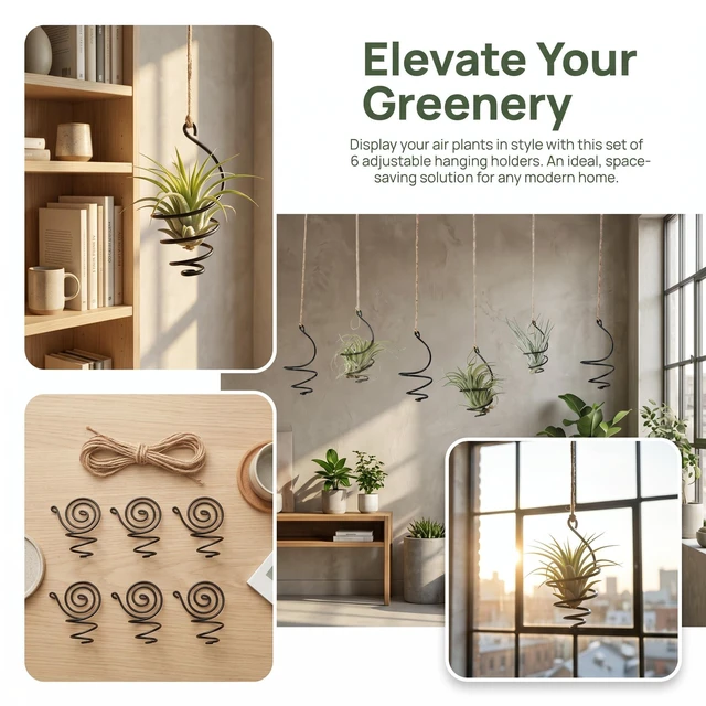 Alt view image 5 of 7 - Prebafo 6 Pack Air Plant Holders with Jute Rope, Hanging Spiral Tillandsia Holders, Metal Air Plant Display Supports for Soilless Plants, Succulents, Home Office Decor