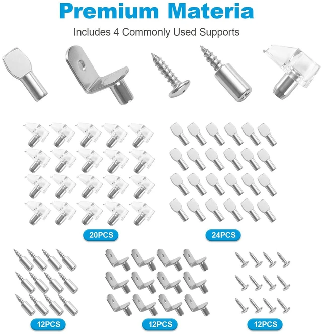 Alt view image 3 of 7 - RKBEZOS 80 Pcs Shelf Pegs Pins Kit, 4 Styles Heavy Duty 5mm 1/4 Inch Shelf Support Pegs Holders, Nickel Plated Cabinet Shelf Clips for Kitchen Wood Shelves Bookcase
