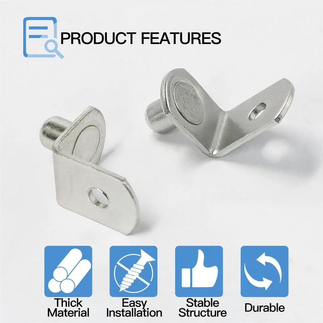 Alt view image 4 of 7 - Jamiikury 12pcs L-Shaped Shelf Support Pegs, 1/4 Inch Shelf Bracket Pegs with Hole, Silver Bracket Style Shelf Pegs, Nickel Plated Metal Shelf Pins Holders for Shelves Cabinet Closet - 12pcs, 6.35mm