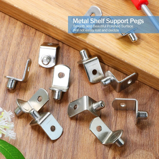 Alt view image 6 of 7 - Jamiikury 12pcs L-Shaped Shelf Support Pegs, 1/4 Inch Shelf Bracket Pegs with Hole, Silver Bracket Style Shelf Pegs, Nickel Plated Metal Shelf Pins Holders for Shelves Cabinet Closet - 12pcs, 6.35mm