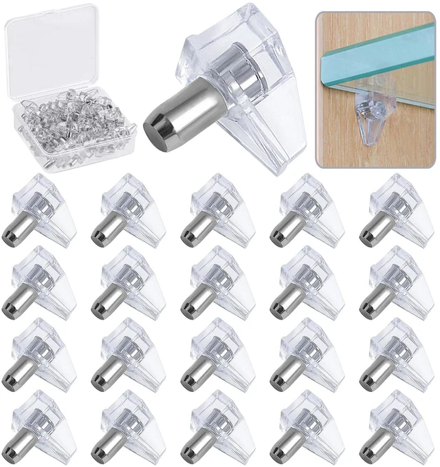 Main image of 20 Pack 5mm Clear Locking Shelf Support Pegs | PVC and stainless steel, fits 5mm holes, ideal for kitchen cabinets, bookshelves and furniture, replacement pins