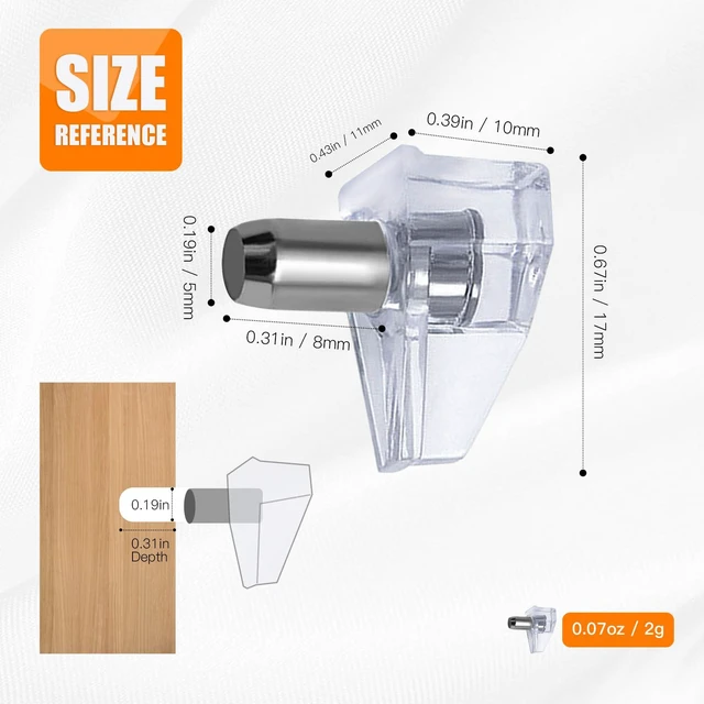 Alt view image 4 of 7 - 20 Pack 5mm Clear Locking Shelf Support Pegs | PVC and stainless steel, fits 5mm holes, ideal for kitchen cabinets, bookshelves and furniture, replacement pins