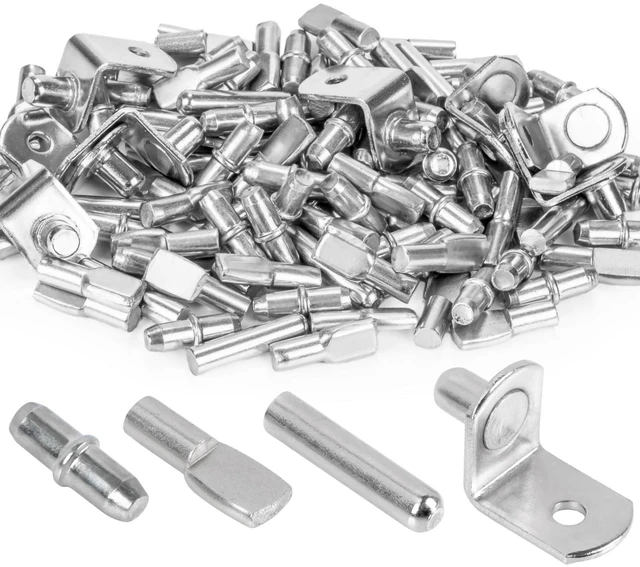 Main image of 104Pcs Shelf Pegs and Support Pins - Nickel-Plated for Cabinets | Fits 5 mm and 1/4 Inch Holes for Bookshelves and Adjustable Wood Shelves, Cabinet Shelf Repair and Replacement Hardware