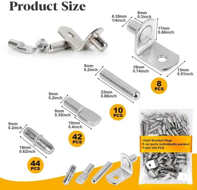 Alt view image 2 of 7 - 104Pcs Shelf Pegs and Support Pins - Nickel-Plated for Cabinets | Fits 5 mm and 1/4 Inch Holes for Bookshelves and Adjustable Wood Shelves, Cabinet Shelf Repair and Replacement Hardware