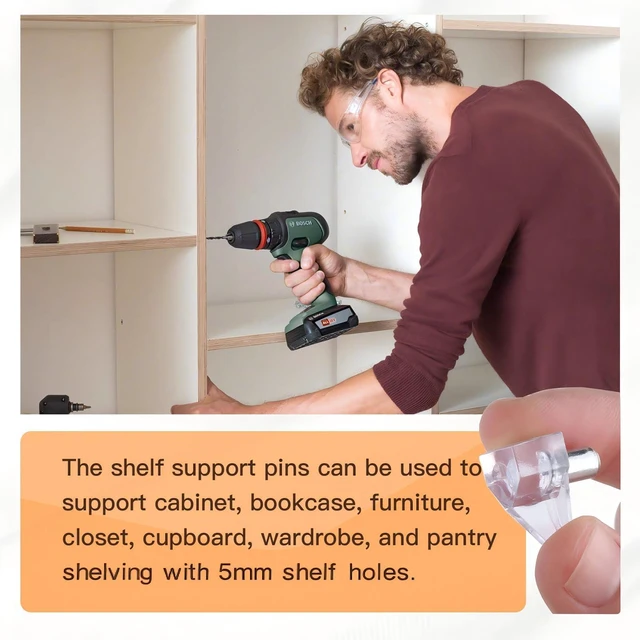 Alt view image 6 of 7 - 20 Pack 5mm Clear Locking Shelf Support Pegs | PVC and stainless steel, fits 5mm holes, ideal for kitchen cabinets, bookshelves and furniture, replacement pins