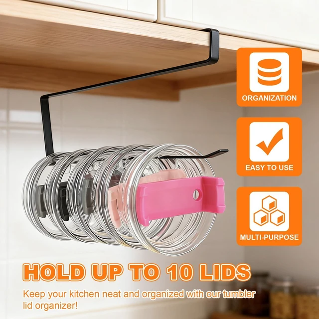 Alt view image 3 of 7 - Ryidkcs Horizontal Tumbler Lid Holder, Under-Cabinet Storage Hook Organizes Up to 10 Lids, Space-Saving Cup Lid Rack for Kitchen, Also Functions as a Hanging Paper Towel Dispenser