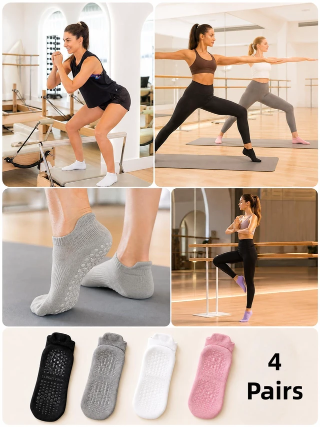 Alt view image 6 of 7 - GAOYUESOX Pilates Socks with Grips for Women Non Slip Grip Socks for Barre, Ballet, Barefoot, Anti Skid Ankle Yoga Socks (4, black/white/gray/pink/)