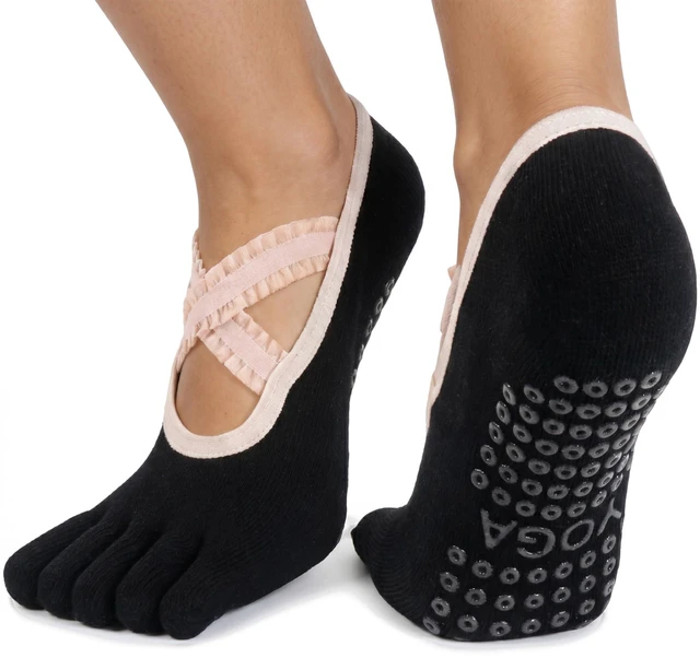 Main image of PAPAJIANG 1/2 Pairs Full Toe Yoga Socks for Women Pilates Grip Socks | Lace Straps Barefoot Workout Non Slip Five Toe Socks Women US Size 6-9.5
