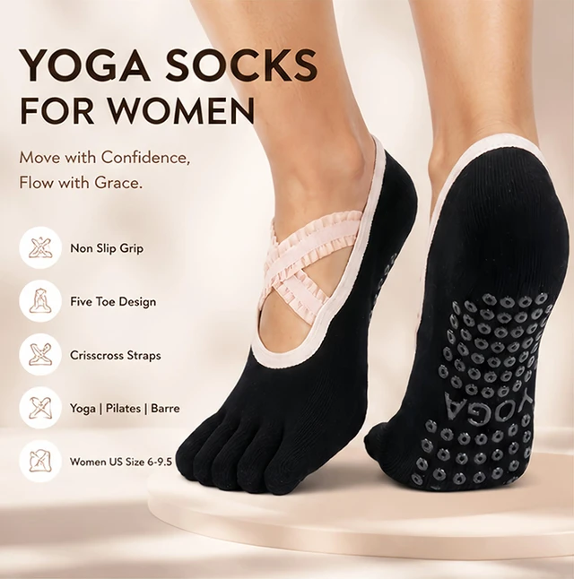 Alt view image 4 of 7 - PAPAJIANG 1/2 Pairs Full Toe Yoga Socks for Women Pilates Grip Socks | Lace Straps Barefoot Workout Non Slip Five Toe Socks Women US Size 6-9.5
