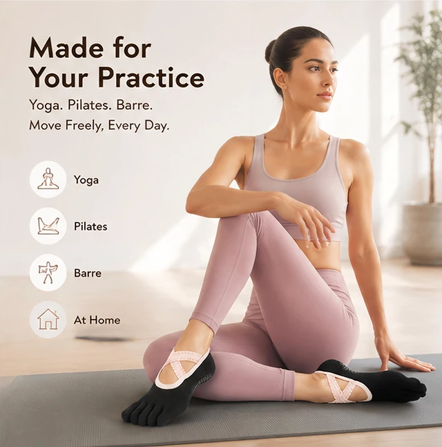 Alt view image 6 of 7 - PAPAJIANG 1/2 Pairs Full Toe Yoga Socks for Women Pilates Grip Socks | Lace Straps Barefoot Workout Non Slip Five Toe Socks Women US Size 6-9.5