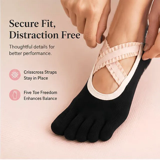 Alt view image 5 of 7 - PAPAJIANG 1/2 Pairs Full Toe Yoga Socks for Women Pilates Grip Socks | Lace Straps Barefoot Workout Non Slip Five Toe Socks Women US Size 6-9.5