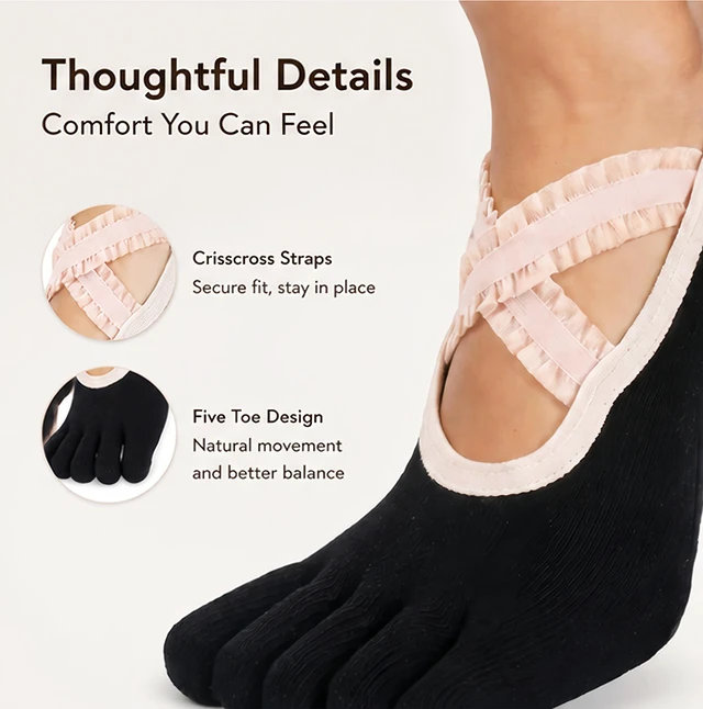 Alt view image 7 of 7 - PAPAJIANG 1/2 Pairs Full Toe Yoga Socks for Women Pilates Grip Socks | Lace Straps Barefoot Workout Non Slip Five Toe Socks Women US Size 6-9.5