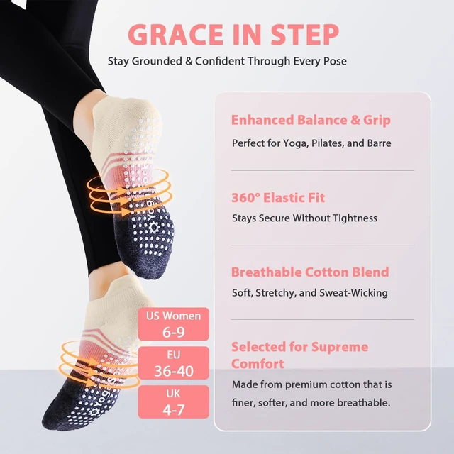 Alt view image 3 of 7 - WARMVIN Non Slip Pilates Grip Socks for Women Yoga Barre Knitted Cotton | Full Foot Sticky Silicone,Soft Breathable Comfortable,Durable Washable Anti Skid,Gentle Arch Compression Support