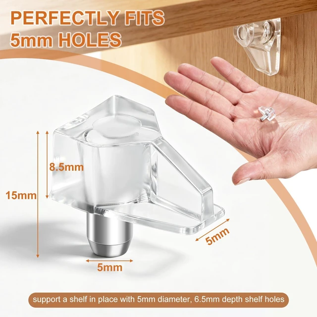 Alt view image 2 of 7 - 20 Pcs 5mm Shelf Support Pegs, Clear Plastic Cabinet Shelf Pins, Locking Holder Clips Replacement for Kitchen Cabinet, Closet, Bookshelf, Cupboard, Wood Furniture