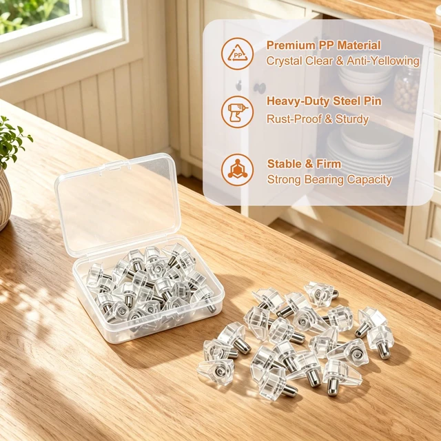Alt view image 4 of 7 - 20 Pcs 5mm Shelf Support Pegs, Clear Plastic Cabinet Shelf Pins, Locking Holder Clips Replacement for Kitchen Cabinet, Closet, Bookshelf, Cupboard, Wood Furniture