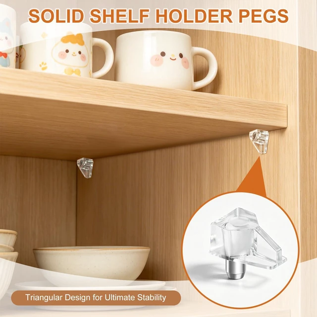 Alt view image 5 of 7 - 20 Pcs 5mm Shelf Support Pegs, Clear Plastic Cabinet Shelf Pins, Locking Holder Clips Replacement for Kitchen Cabinet, Closet, Bookshelf, Cupboard, Wood Furniture