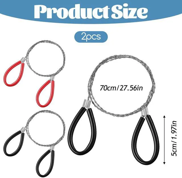 Alt view image 2 of 7 - Stainless Steel Cable Saw, 2 PCS Mini Camping Saws Hand Pocket String Emergency Survival Rope Cutting Tools PVC Cable Saws or Wood Camping Hiking Hunting, Red, Black, 27.56 Inch