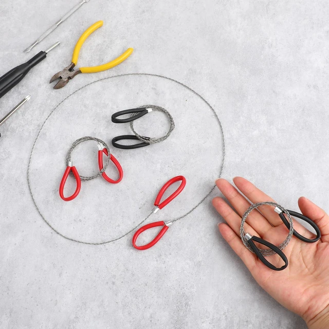 Alt view image 3 of 7 - Stainless Steel Cable Saw, 2 PCS Mini Camping Saws Hand Pocket String Emergency Survival Rope Cutting Tools PVC Cable Saws or Wood Camping Hiking Hunting, Red, Black, 27.56 Inch