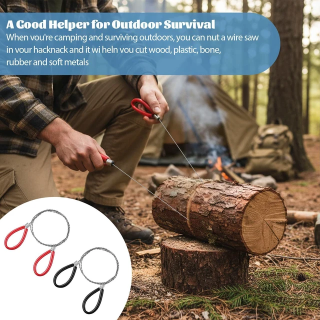 Alt view image 5 of 7 - Stainless Steel Cable Saw, 2 PCS Mini Camping Saws Hand Pocket String Emergency Survival Rope Cutting Tools PVC Cable Saws or Wood Camping Hiking Hunting, Red, Black, 27.56 Inch