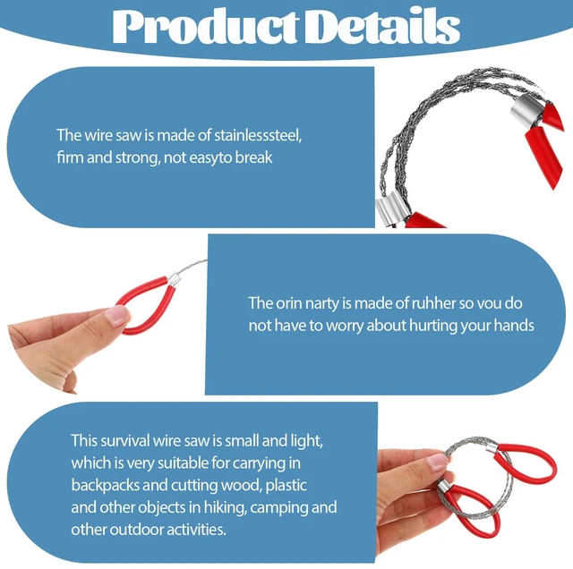 Alt view image 6 of 7 - Stainless Steel Cable Saw, 2 PCS Mini Camping Saws Hand Pocket String Emergency Survival Rope Cutting Tools PVC Cable Saws or Wood Camping Hiking Hunting, Red, Black, 27.56 Inch