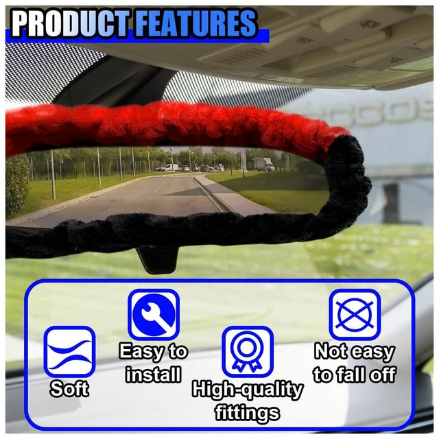 Alt view image 3 of 6 - UHANBUT Soft Plush Car Rear View Mirror Cover, Red/Black | Cute Car Interior Mirrors Protector for Women, Universal Elastic Auto Rear View Mirror Decoration Accessories for Car, Truck