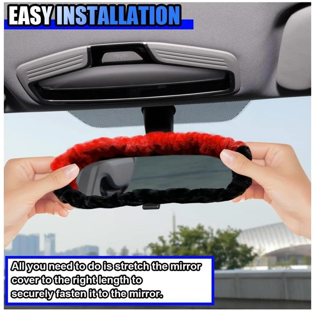 Alt view image 4 of 6 - UHANBUT Soft Plush Car Rear View Mirror Cover, Red/Black | Cute Car Interior Mirrors Protector for Women, Universal Elastic Auto Rear View Mirror Decoration Accessories for Car, Truck