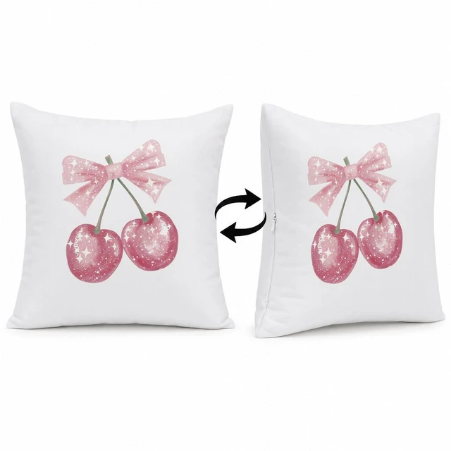 Main image of Rusenbao Coquette Pink Bow Cherry Decor Throw Pillows Covers 18 x 18 inch | Coquette Preppy Room Decor, Cute Cherry Bed Decorative Pillows Cover, Decor for Couch Girl Room College Dorm