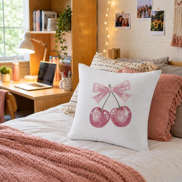 Alt view image 2 of 6 - Rusenbao Coquette Pink Bow Cherry Decor Throw Pillows Covers 18 x 18 inch | Coquette Preppy Room Decor, Cute Cherry Bed Decorative Pillows Cover, Decor for Couch Girl Room College Dorm