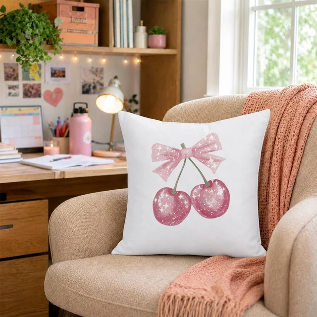 Alt view image 3 of 6 - Rusenbao Coquette Pink Bow Cherry Decor Throw Pillows Covers 18 x 18 inch | Coquette Preppy Room Decor, Cute Cherry Bed Decorative Pillows Cover, Decor for Couch Girl Room College Dorm