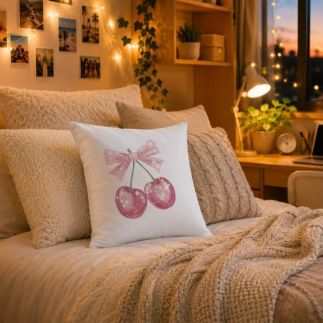 Alt view image 4 of 6 - Rusenbao Coquette Pink Bow Cherry Decor Throw Pillows Covers 18 x 18 inch | Coquette Preppy Room Decor, Cute Cherry Bed Decorative Pillows Cover, Decor for Couch Girl Room College Dorm