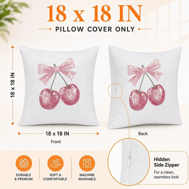 Alt view image 6 of 6 - Rusenbao Coquette Pink Bow Cherry Decor Throw Pillows Covers 18 x 18 inch | Coquette Preppy Room Decor, Cute Cherry Bed Decorative Pillows Cover, Decor for Couch Girl Room College Dorm