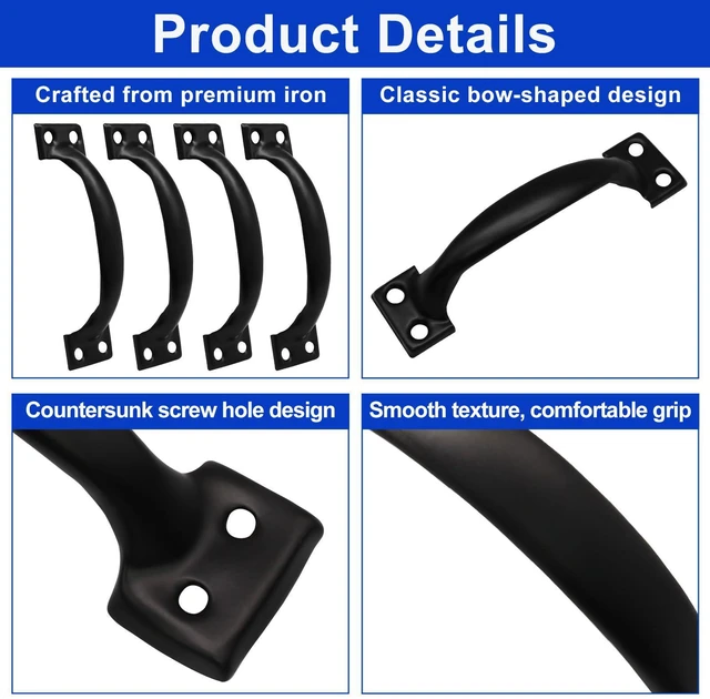 Alt view image 3 of 5 - 4 Inch Metal Bow Handles, Set of 4, Black | Vintage Barn Door Pulls, Hardware for Furniture, Cabinets, Kitchen Drawers, Dressers, and Gates