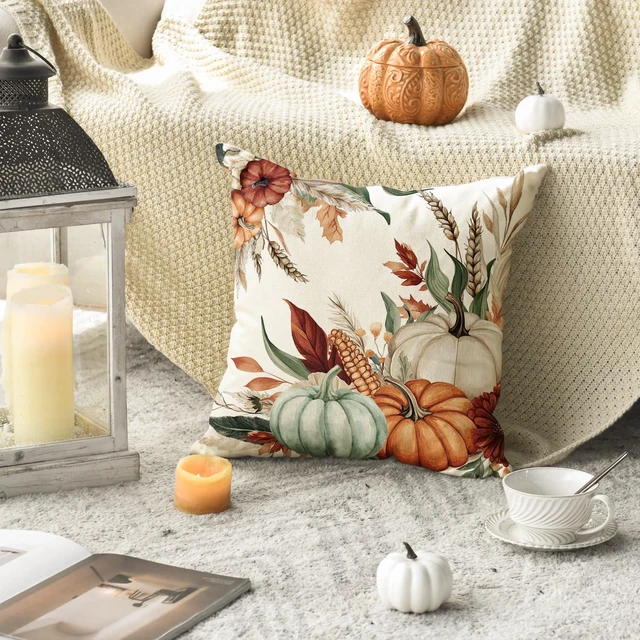 Alt view image 3 of 7 - AVOIN colorlife Fall Pumpkin Leaves Wheat Corn Pillow Cover 18x18 Inch | Seasonal Autumn Thanksgiving Harvest Decoration for Sofa Couch Farmhouse Living Room Decor