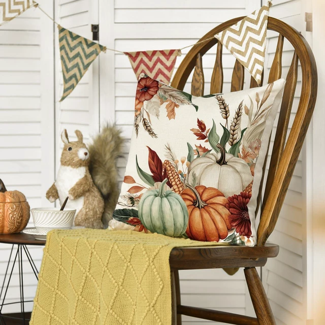 Alt view image 5 of 7 - AVOIN colorlife Fall Pumpkin Leaves Wheat Corn Pillow Cover 18x18 Inch | Seasonal Autumn Thanksgiving Harvest Decoration for Sofa Couch Farmhouse Living Room Decor