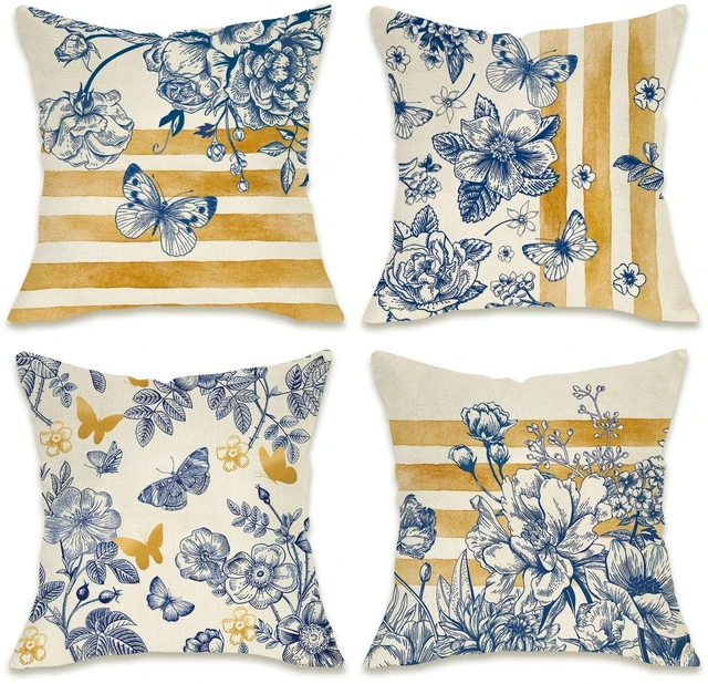 Main image of Fahrendom Floral Decorative Throw Pillow Covers 18 x 18 Set of 4 | Blue Gold Flower Stripes Butterfly Porch Patio Outdoor Pillowcase, Spring Summer Botanical Sofa Couch Cushion Case Home Decor