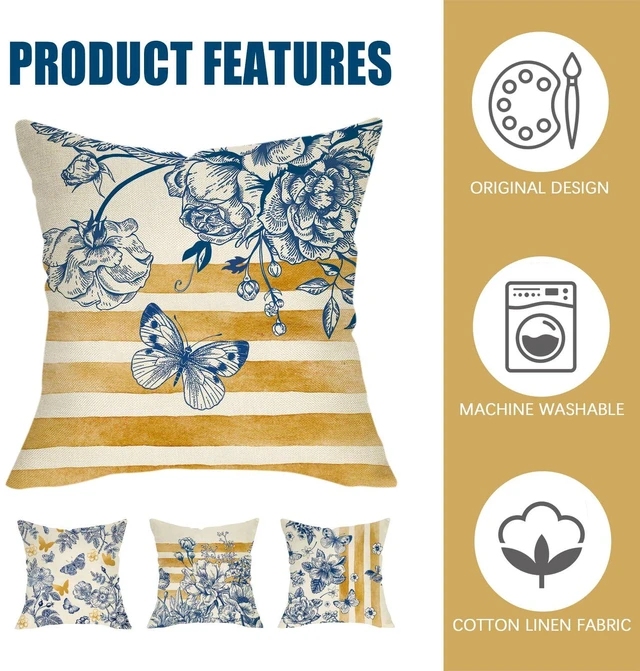 Alt view image 3 of 6 - Fahrendom Floral Decorative Throw Pillow Covers 18 x 18 Set of 4 | Blue Gold Flower Stripes Butterfly Porch Patio Outdoor Pillowcase, Spring Summer Botanical Sofa Couch Cushion Case Home Decor