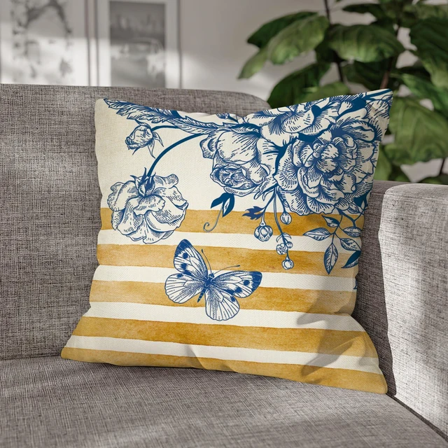 Alt view image 5 of 6 - Fahrendom Floral Decorative Throw Pillow Covers 18 x 18 Set of 4 | Blue Gold Flower Stripes Butterfly Porch Patio Outdoor Pillowcase, Spring Summer Botanical Sofa Couch Cushion Case Home Decor