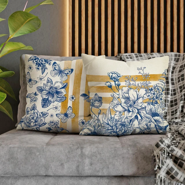 Alt view image 4 of 6 - Fahrendom Floral Decorative Throw Pillow Covers 18 x 18 Set of 4 | Blue Gold Flower Stripes Butterfly Porch Patio Outdoor Pillowcase, Spring Summer Botanical Sofa Couch Cushion Case Home Decor