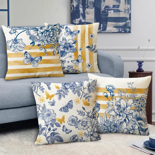 Alt view image 6 of 6 - Fahrendom Floral Decorative Throw Pillow Covers 18 x 18 Set of 4 | Blue Gold Flower Stripes Butterfly Porch Patio Outdoor Pillowcase, Spring Summer Botanical Sofa Couch Cushion Case Home Decor