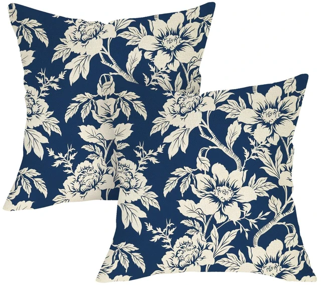 Main image of Chinoiserie Floral Decorative Throw Pillow Covers 18 x 18 Set of 2 | Vintage Navy Blue White Flower Traditional Porch Outdoor Home Decor, Farmhouse Spring Summer Sofa Couch Cushion Case