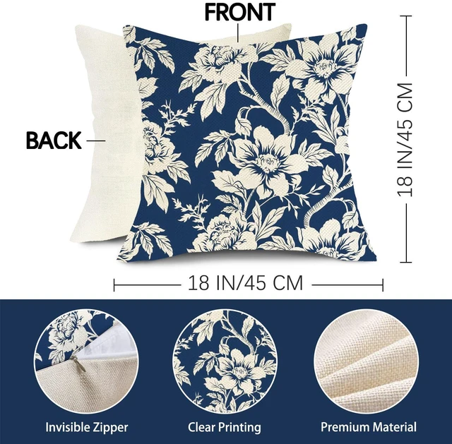 Alt view image 2 of 6 - Chinoiserie Floral Decorative Throw Pillow Covers 18 x 18 Set of 2 | Vintage Navy Blue White Flower Traditional Porch Outdoor Home Decor, Farmhouse Spring Summer Sofa Couch Cushion Case