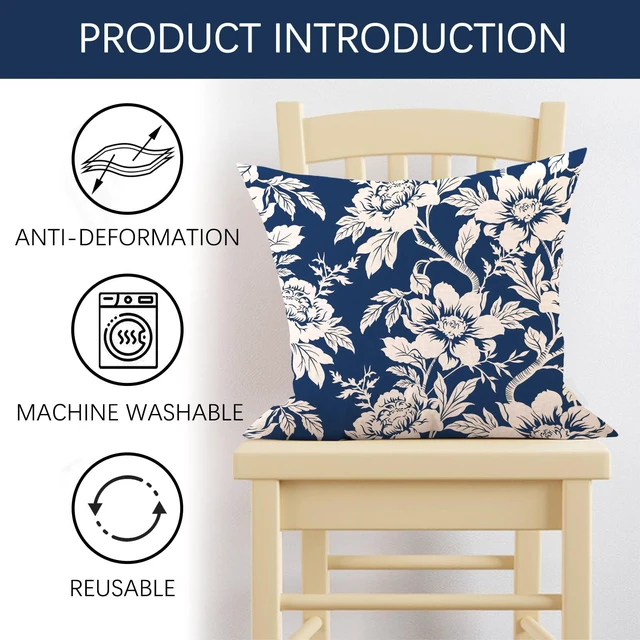 Alt view image 3 of 6 - Chinoiserie Floral Decorative Throw Pillow Covers 18 x 18 Set of 2 | Vintage Navy Blue White Flower Traditional Porch Outdoor Home Decor, Farmhouse Spring Summer Sofa Couch Cushion Case