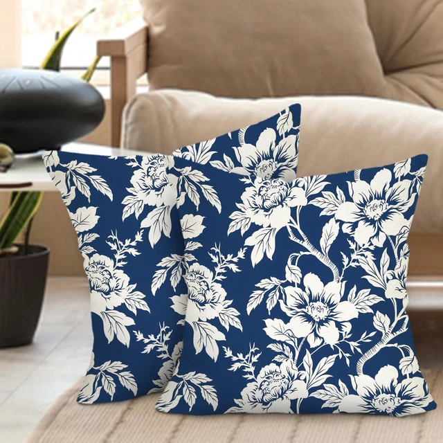 Alt view image 4 of 6 - Chinoiserie Floral Decorative Throw Pillow Covers 18 x 18 Set of 2 | Vintage Navy Blue White Flower Traditional Porch Outdoor Home Decor, Farmhouse Spring Summer Sofa Couch Cushion Case