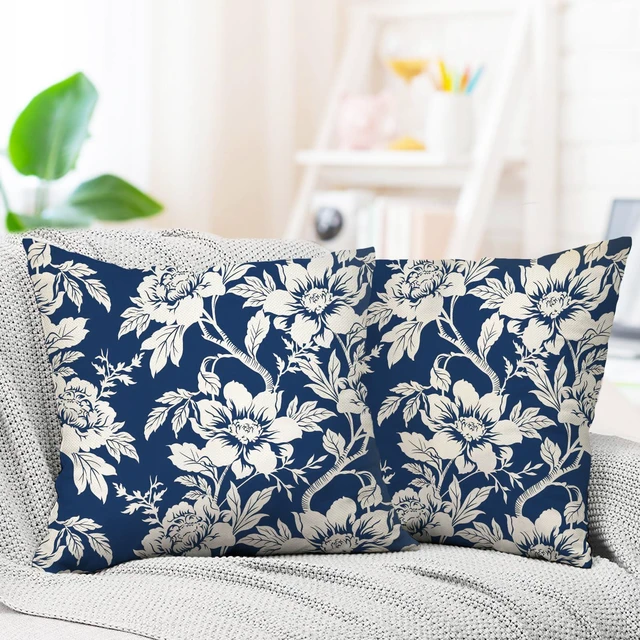 Alt view image 5 of 6 - Chinoiserie Floral Decorative Throw Pillow Covers 18 x 18 Set of 2 | Vintage Navy Blue White Flower Traditional Porch Outdoor Home Decor, Farmhouse Spring Summer Sofa Couch Cushion Case