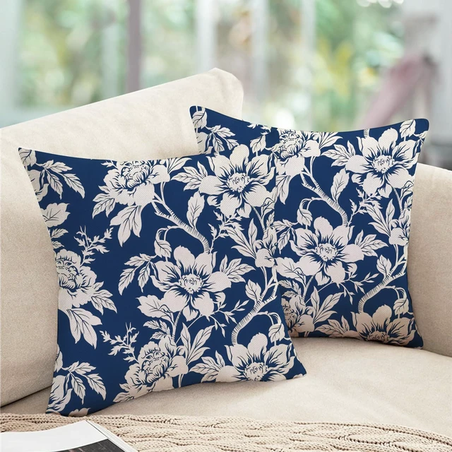 Alt view image 6 of 6 - Chinoiserie Floral Decorative Throw Pillow Covers 18 x 18 Set of 2 | Vintage Navy Blue White Flower Traditional Porch Outdoor Home Decor, Farmhouse Spring Summer Sofa Couch Cushion Case