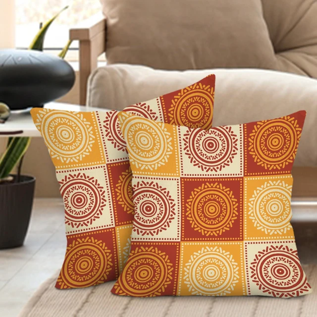 Alt view image 4 of 6 - Boho Yellow Orange Mandala Decorative Throw Pillow Covers | 18 x 18 Set of 2, Bohemian Vintage Abstract Circular Floral Porch Outdoor Home Decor, Geometric Flower Ethnic Sofa Couch