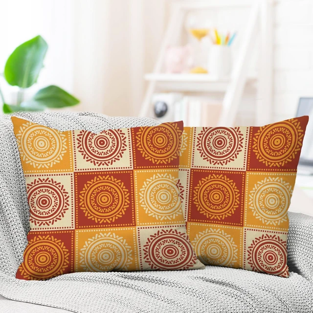 Alt view image 5 of 6 - Boho Yellow Orange Mandala Decorative Throw Pillow Covers | 18 x 18 Set of 2, Bohemian Vintage Abstract Circular Floral Porch Outdoor Home Decor, Geometric Flower Ethnic Sofa Couch